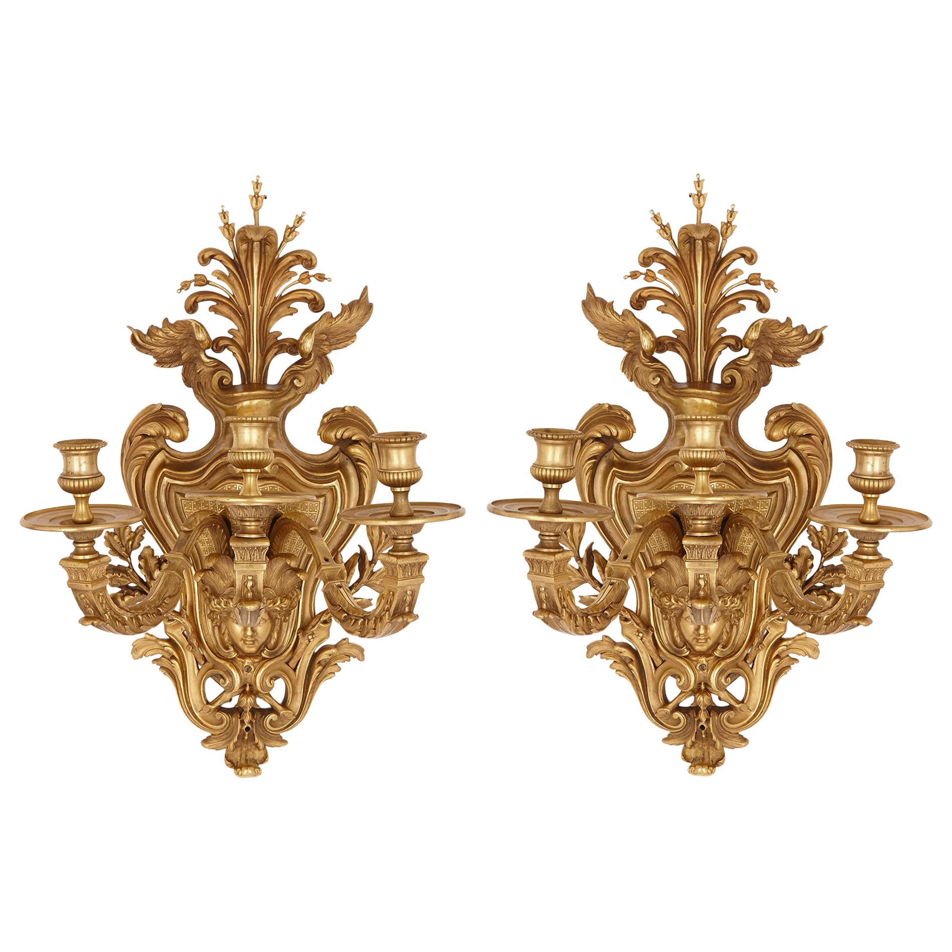 Pair of Large Gilt Bronze Sconces in the Régence Style For Sale