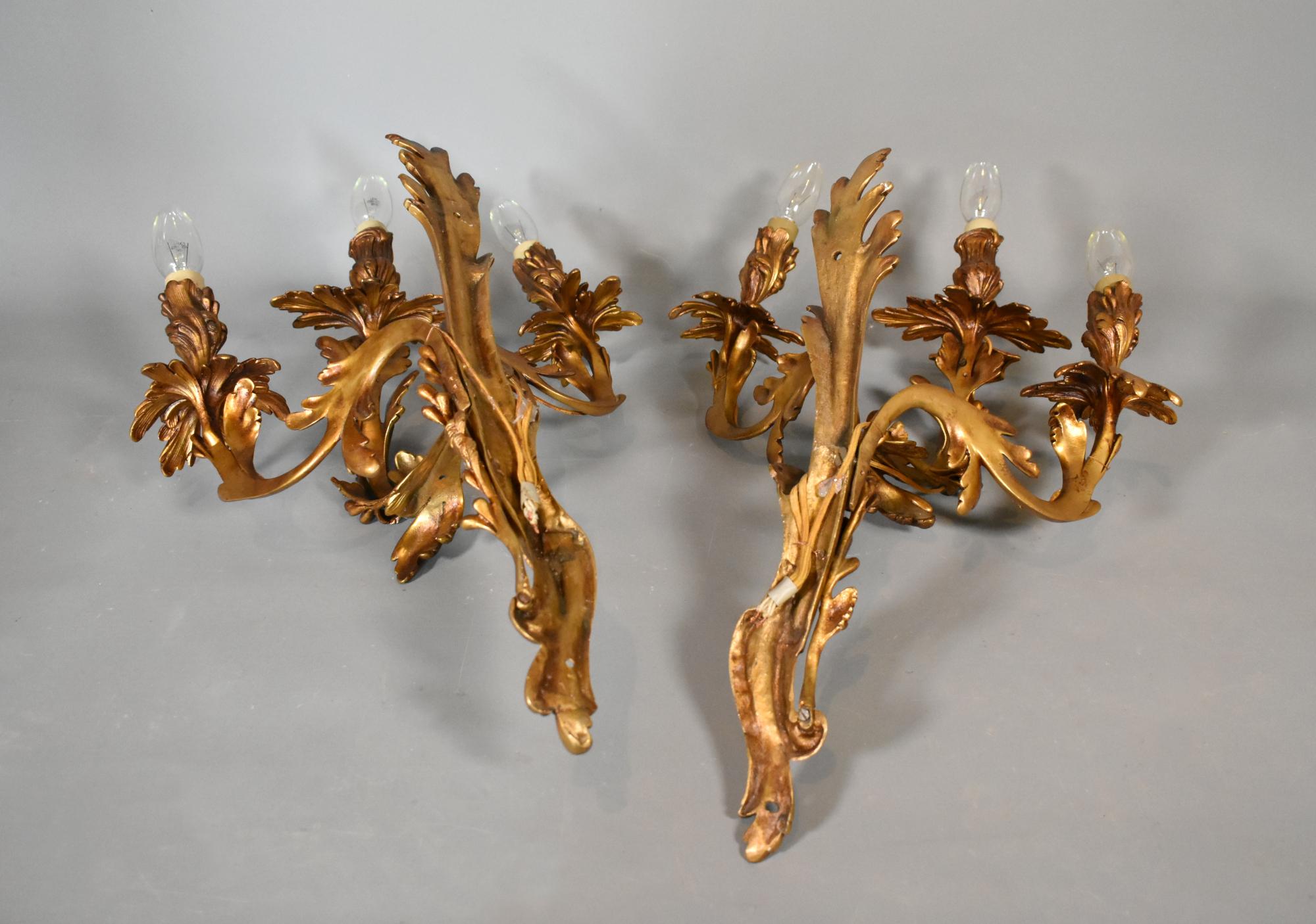 Pair of Large Gilt Bronze Wall Sconces Louis XV Style For Sale 9