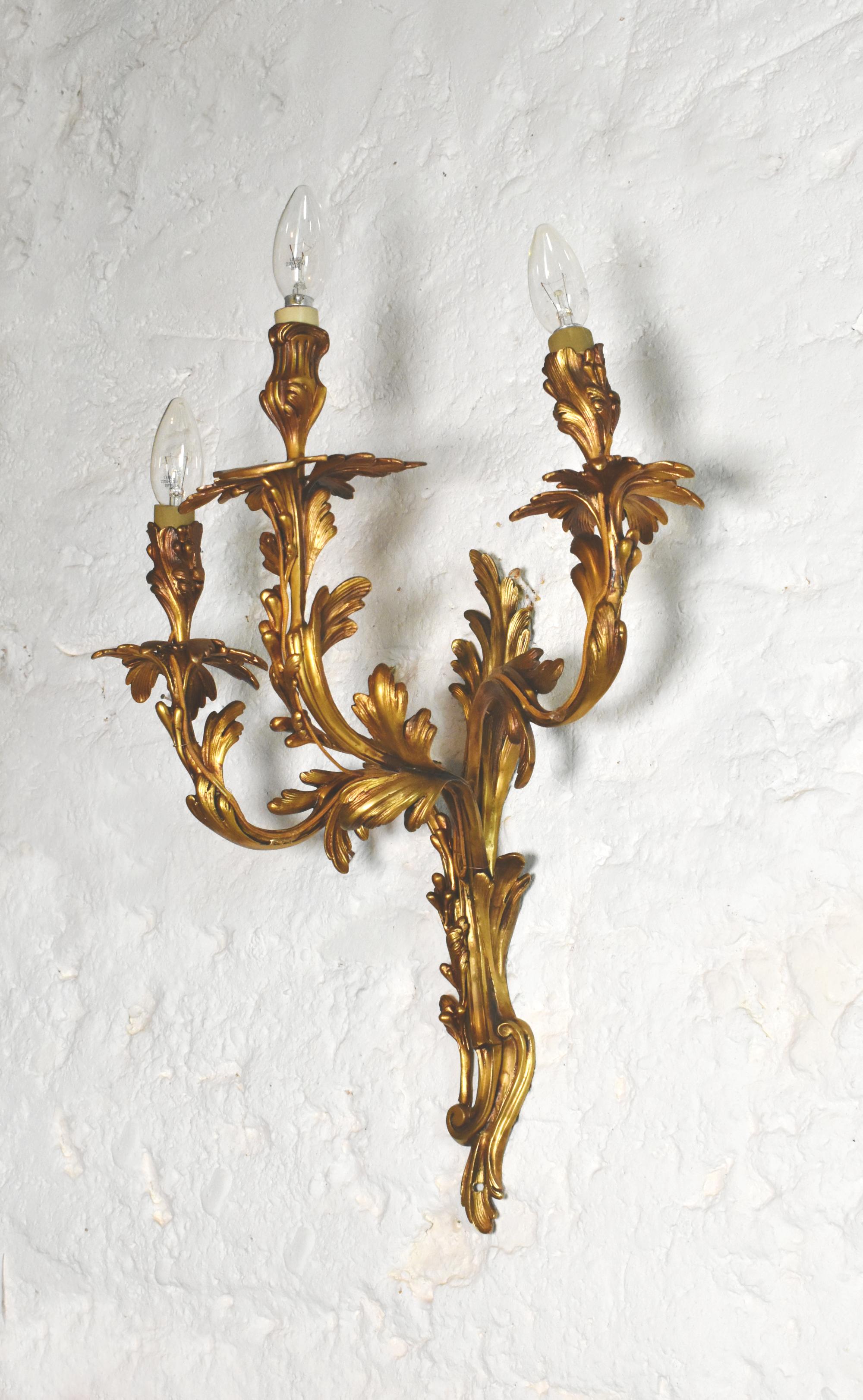 Pair of Large Gilt Bronze Wall Sconces Louis XV Style For Sale 10