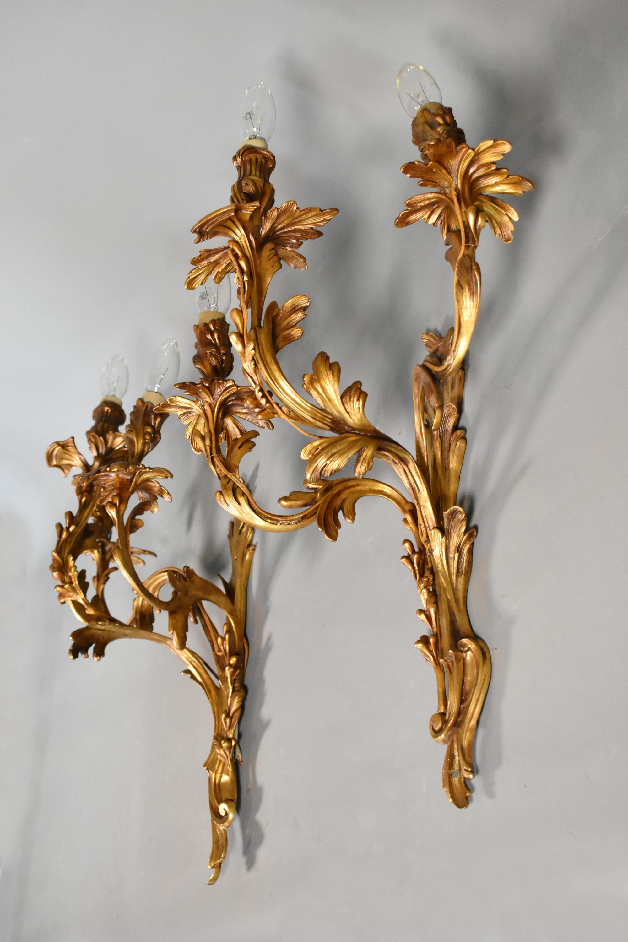 Pareja de Grandes Apliques de Bronce Dorado Estilo Luis XV Francés en venta