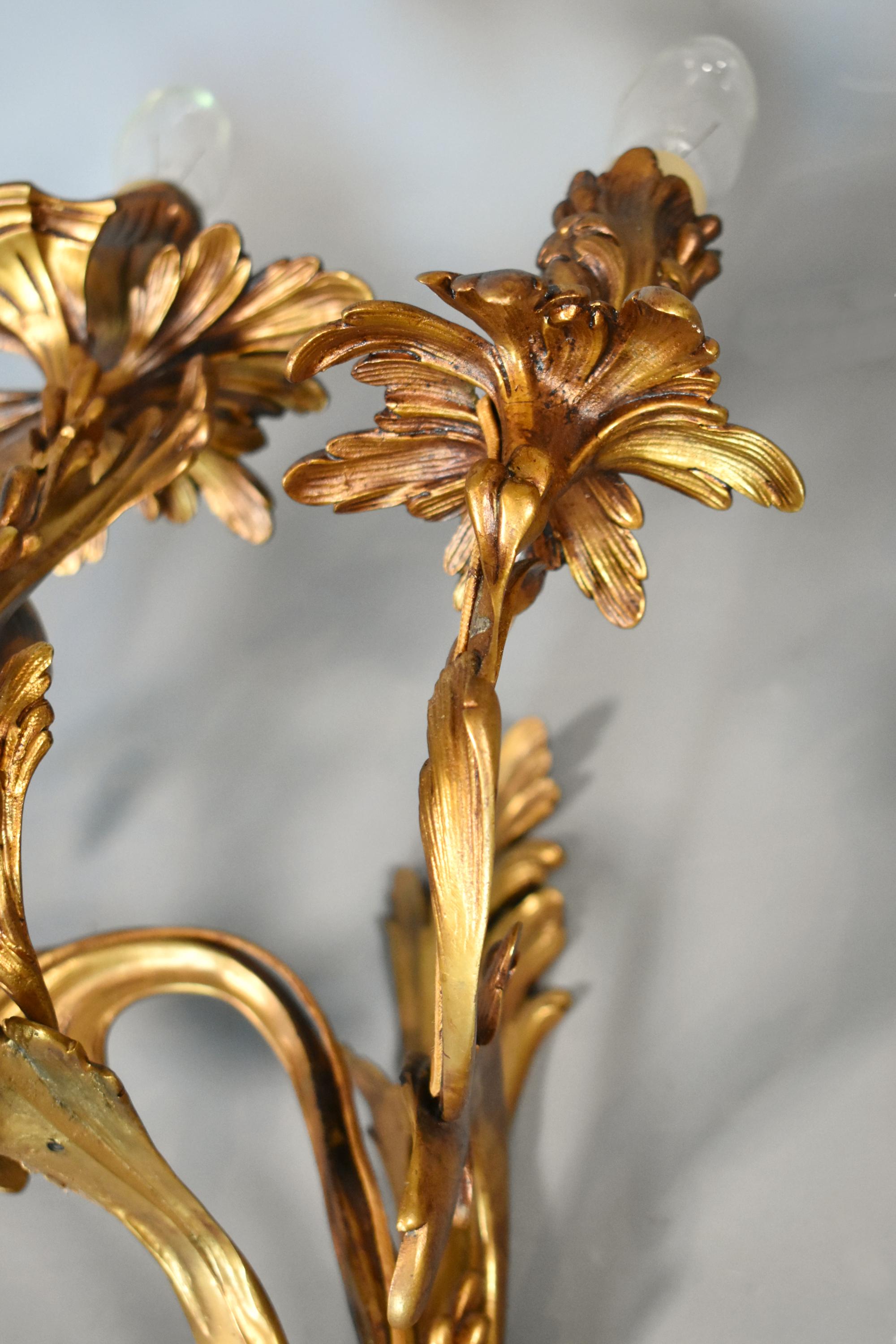 Pair of Large Gilt Bronze Wall Sconces Louis XV Style For Sale 1