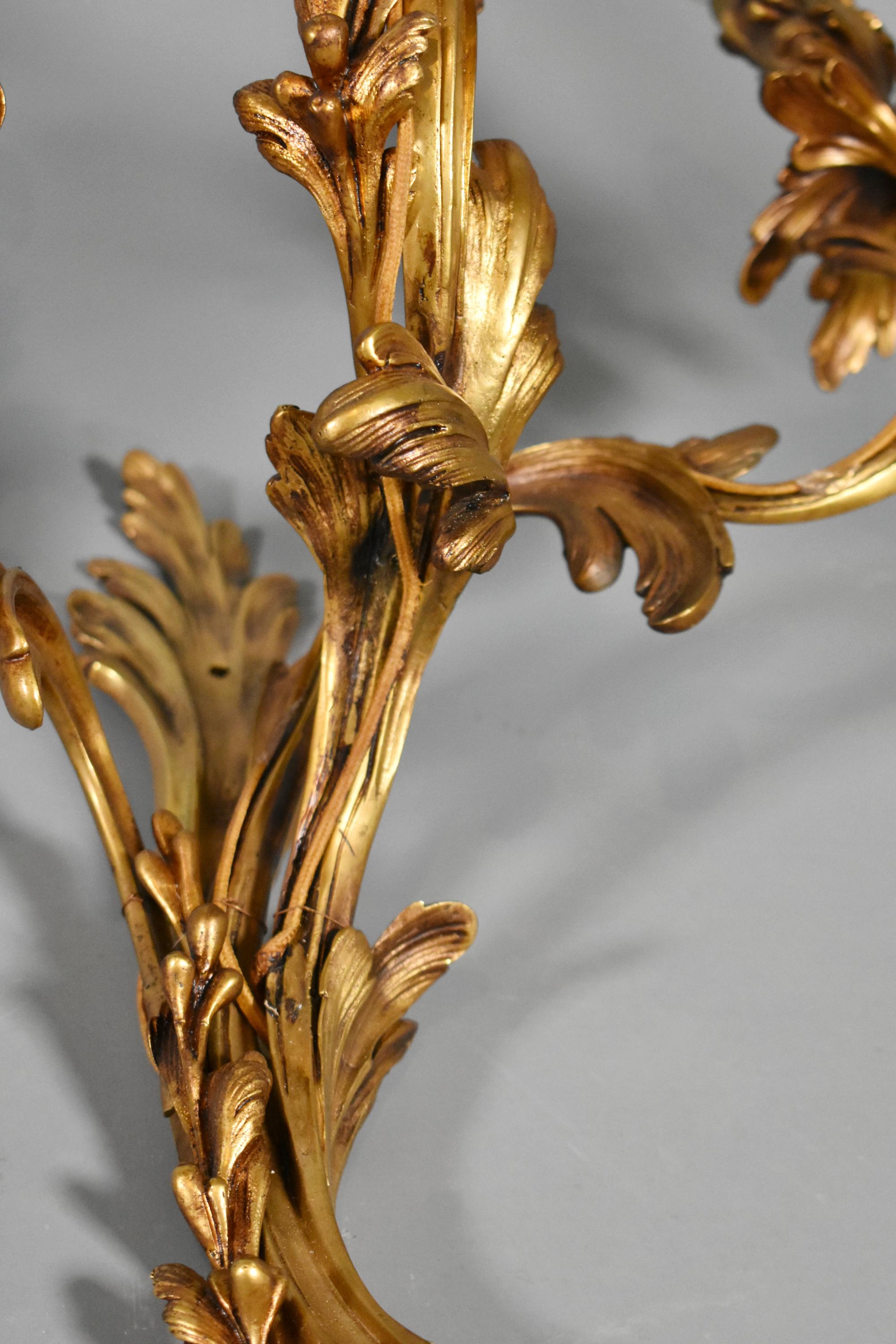 Pair of Large Gilt Bronze Wall Sconces Louis XV Style For Sale 2