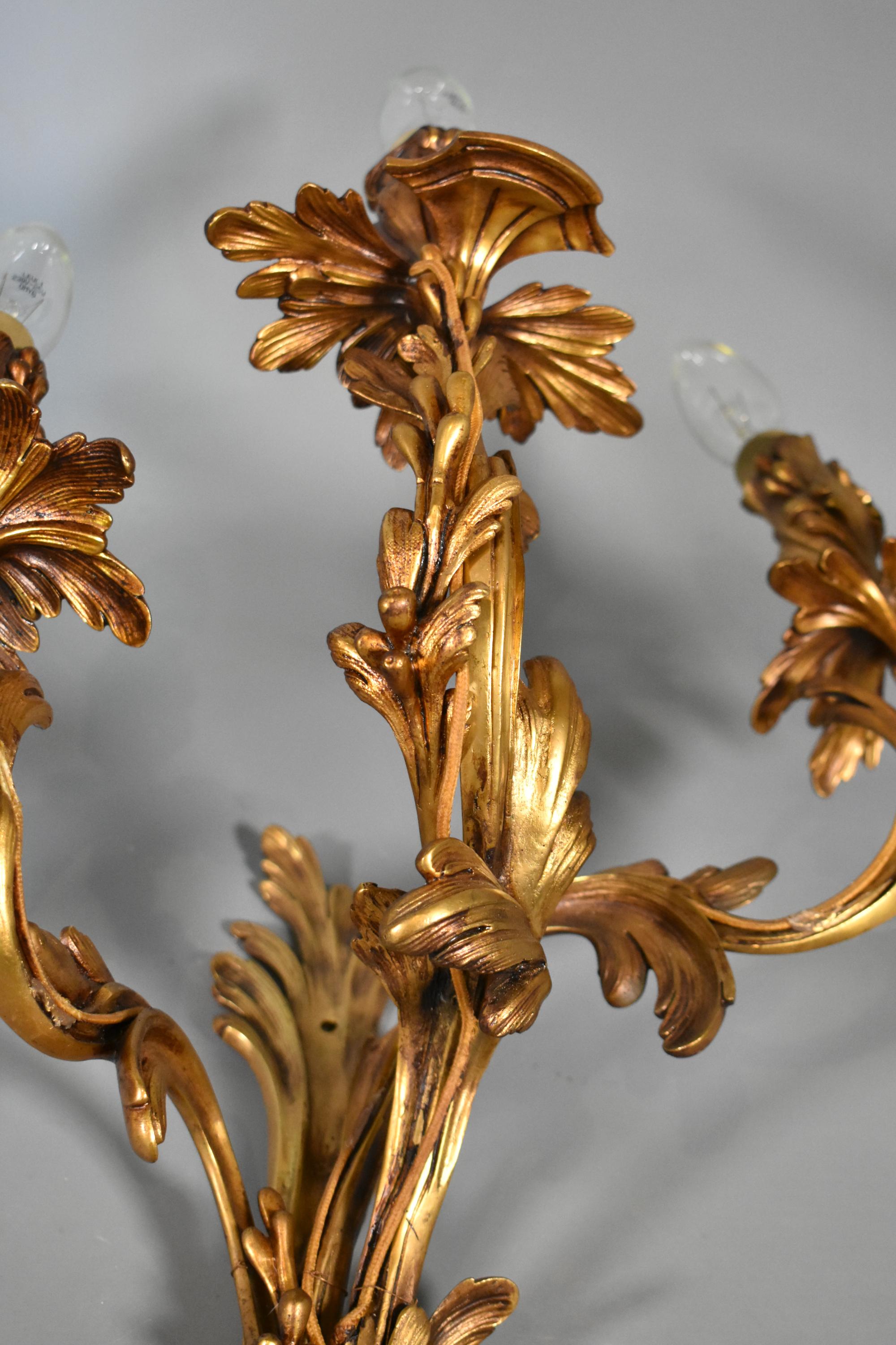 Pair of Large Gilt Bronze Wall Sconces Louis XV Style For Sale 3