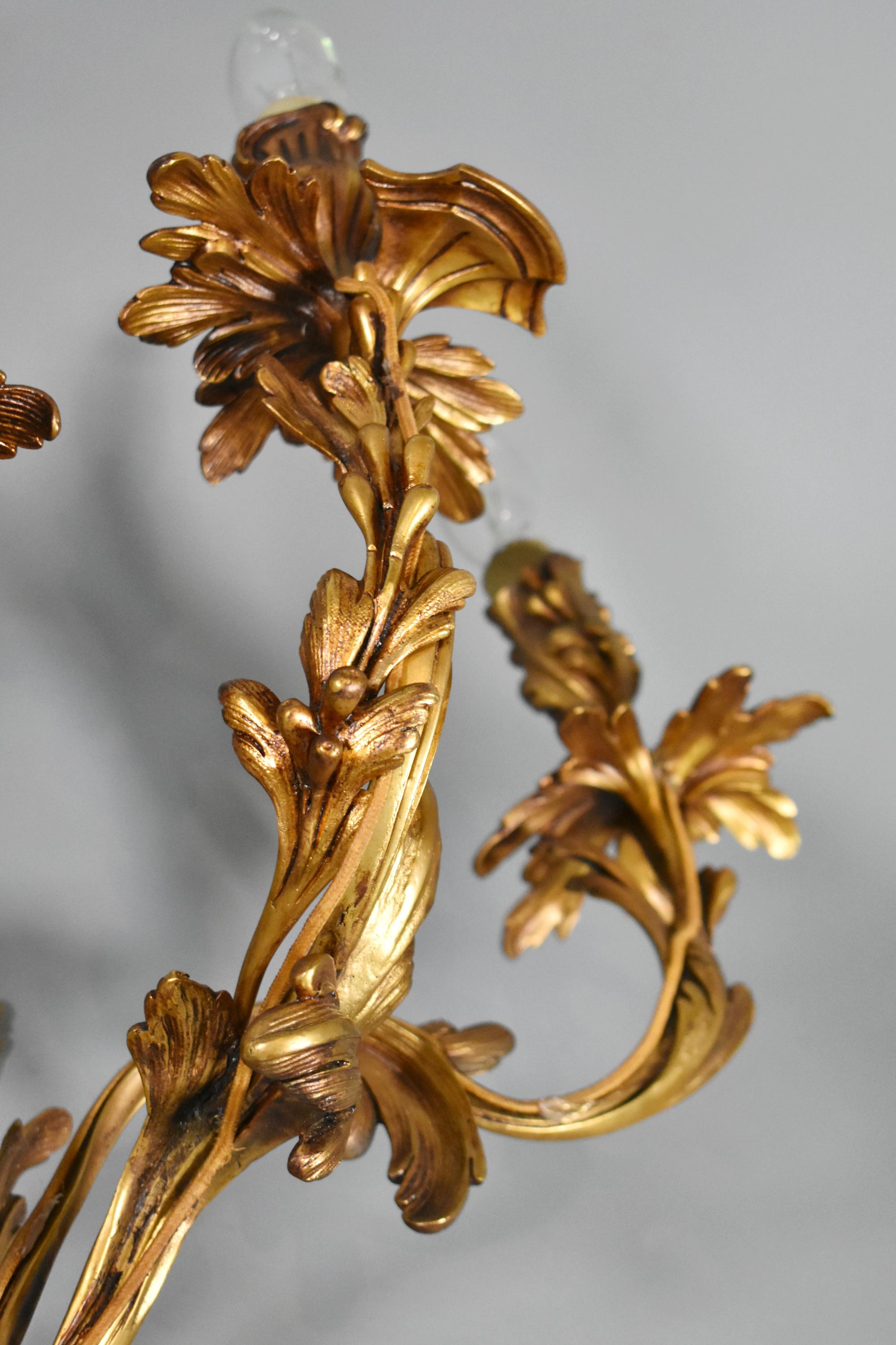 Pair of Large Gilt Bronze Wall Sconces Louis XV Style For Sale 4