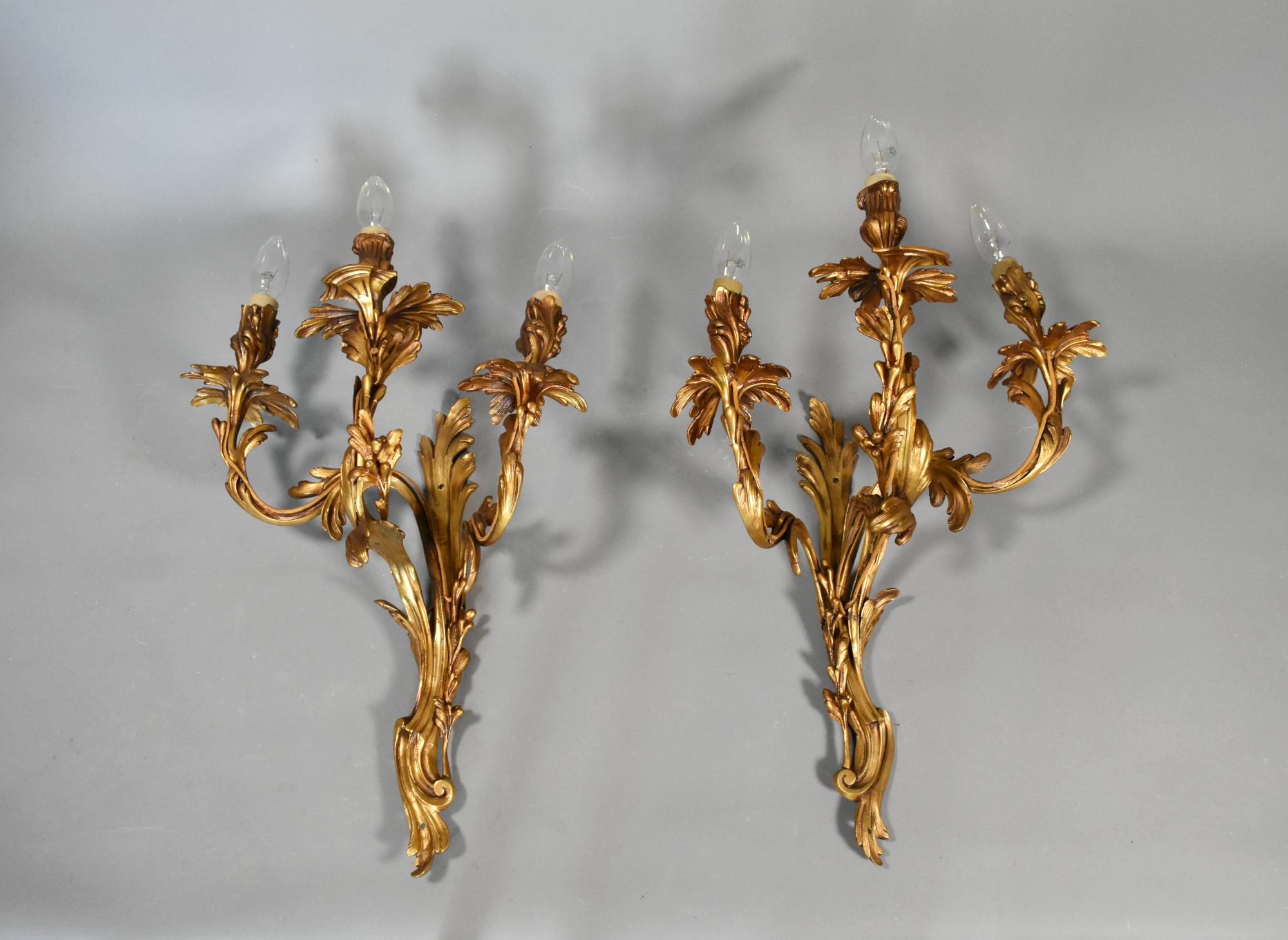 Pair of Large Gilt Bronze Wall Sconces Louis XV Style For Sale