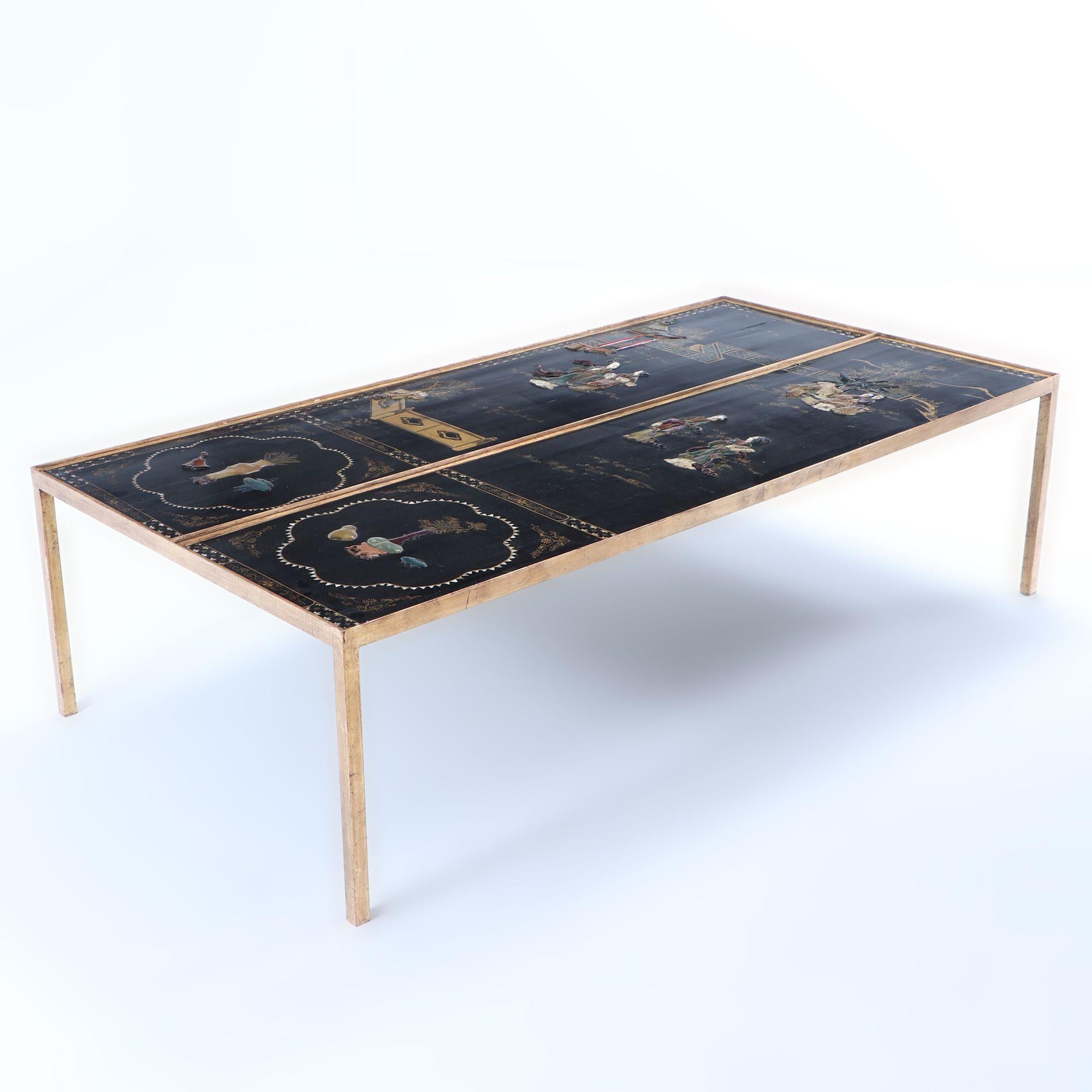 Chinoiserie Pair of large gilt iron coffee tables with Chinese decorated tops C 1940 For Sale
