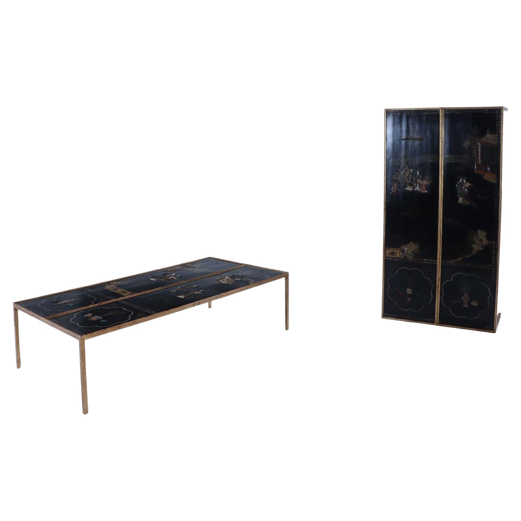 Pair of large gilt iron coffee tables with Chinese decorated tops C 1940 For Sale