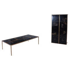 Pair of large gilt iron coffee tables with Chinese decorated tops C 1940