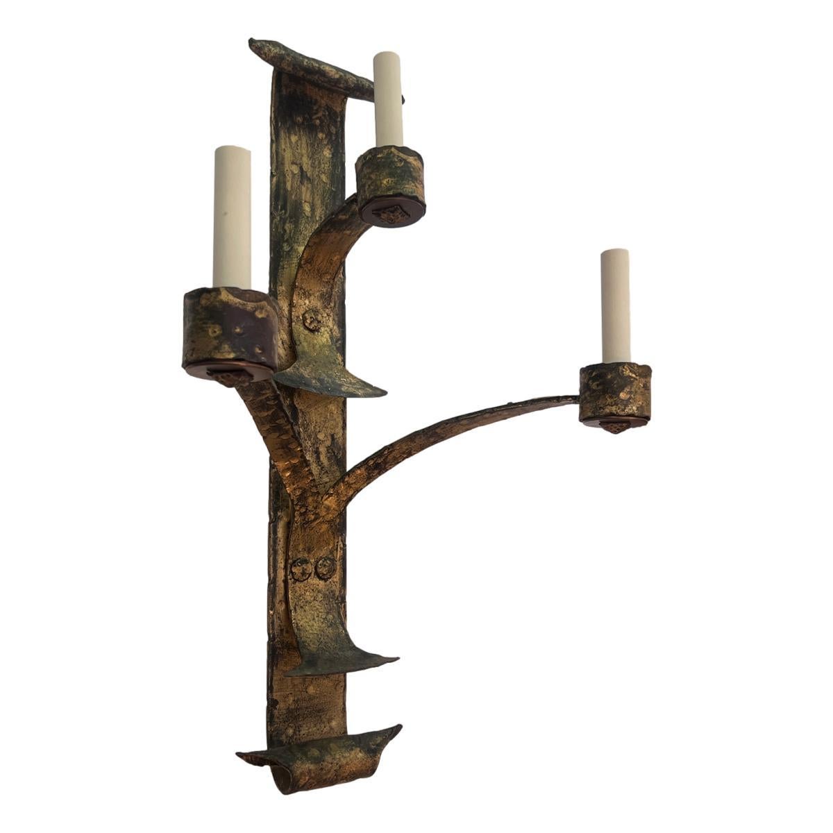 Pair of large circa 1950's Italian gilt wrought iron sconces.

Measurements:
Height: 27