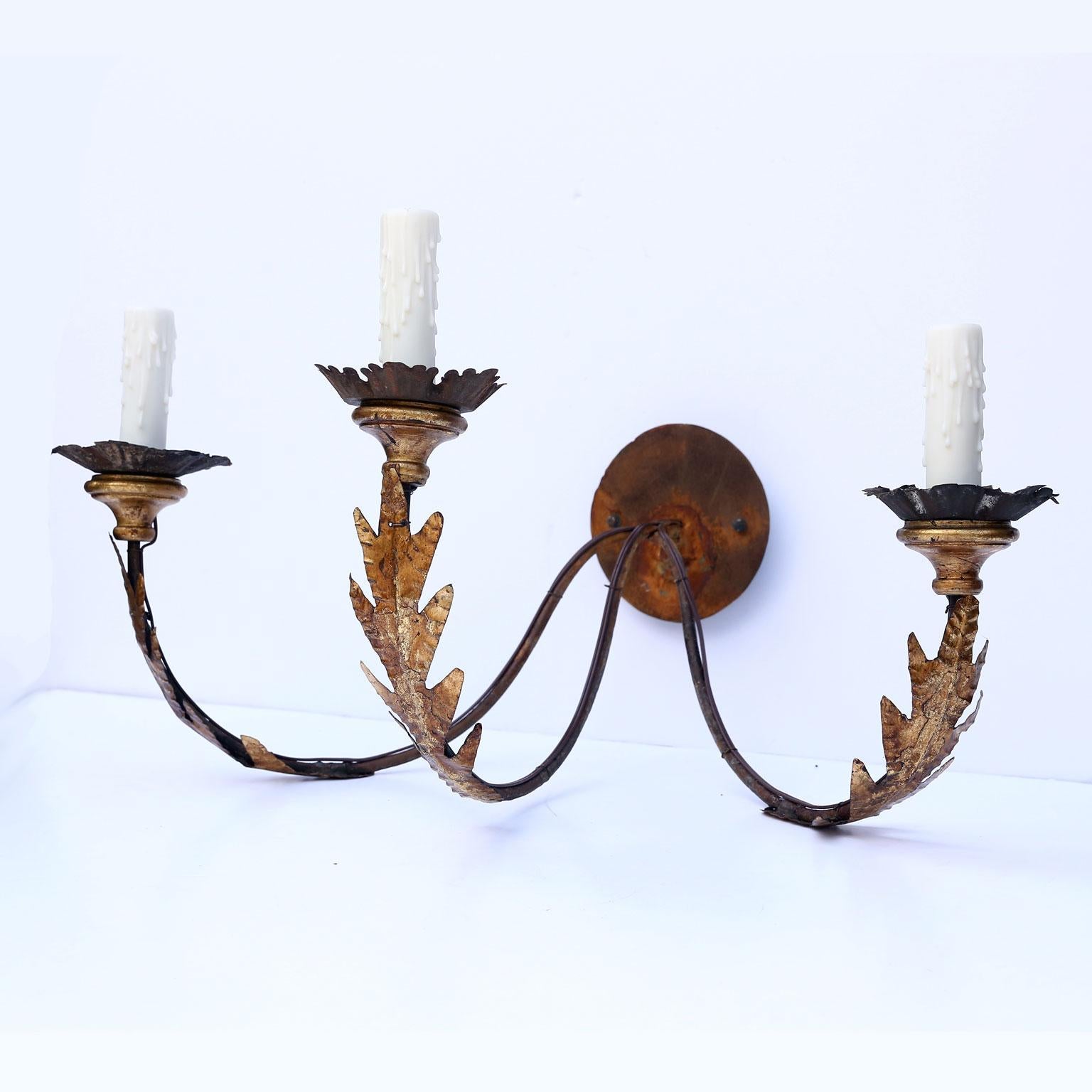 French Provincial Pair of Large Gilt-Iron Three-Arm Sconces