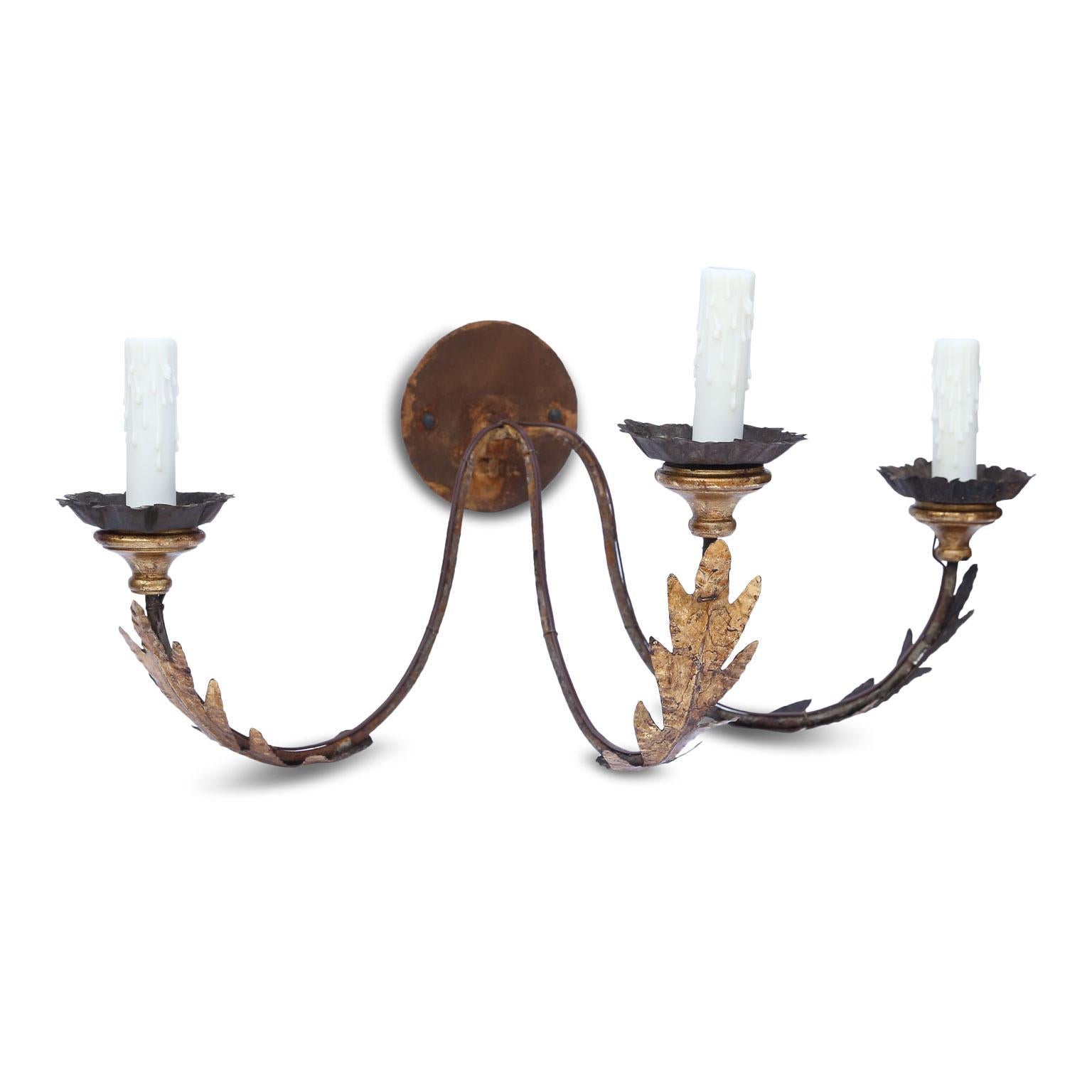 Carved Pair of Large Gilt-Iron Three-Arm Sconces