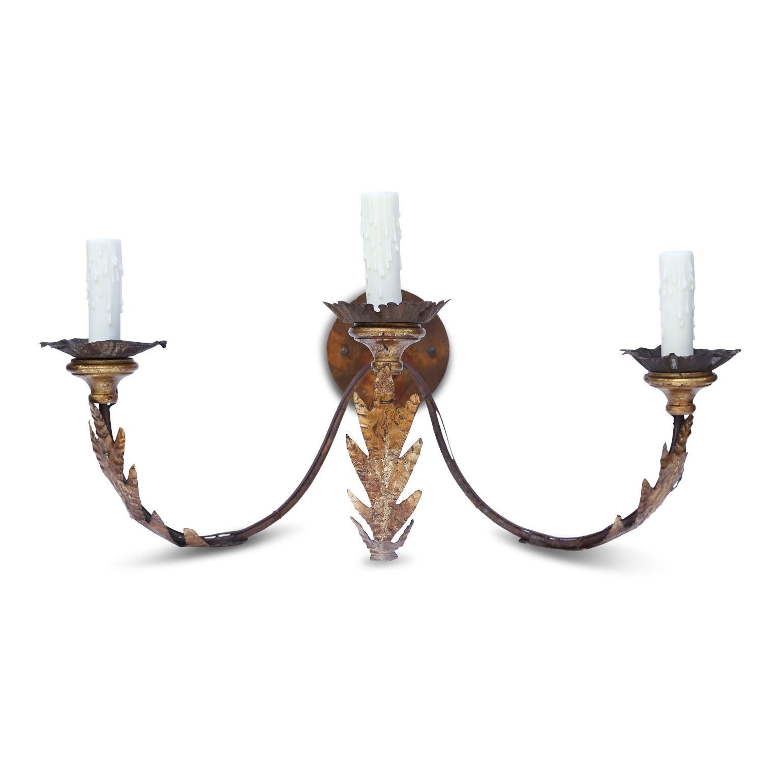Pair of Large Gilt-Iron Three-Arm Sconces In Good Condition In Houston, TX