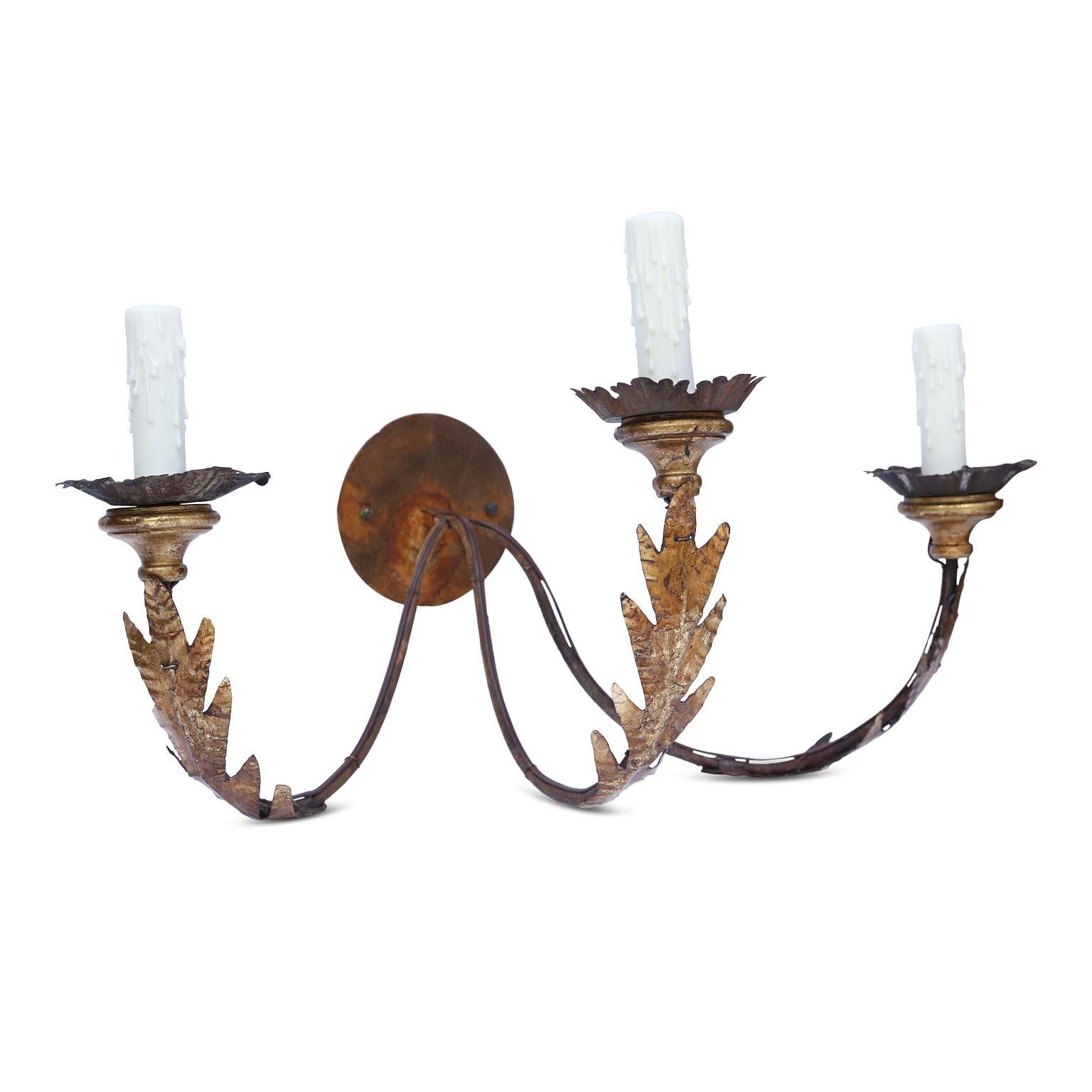 Tôle Pair of Large Gilt-Iron Three-Arm Sconces