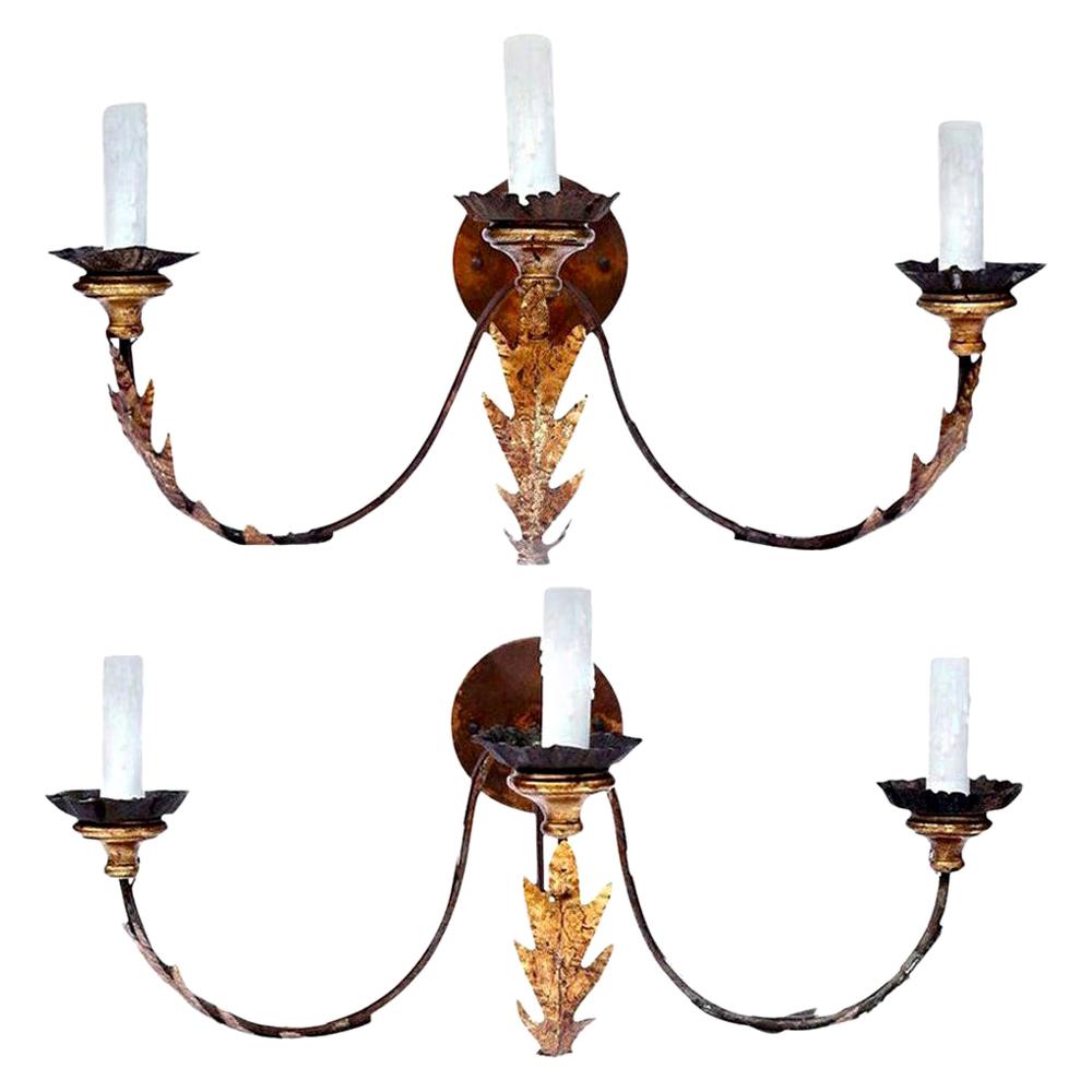 Pair of Large Gilt-Iron Three-Arm Sconces 5