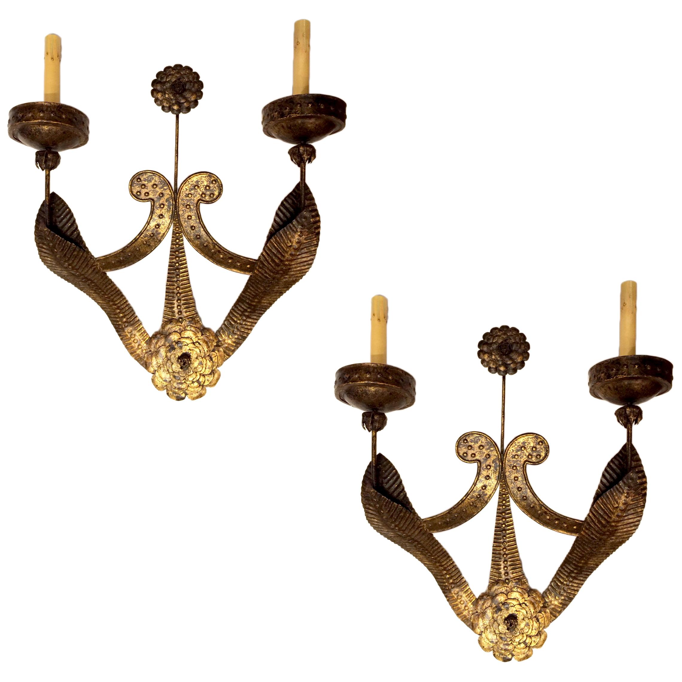 Pair of Large Gilt Iron Sconces For Sale
