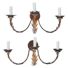 Pair of Large Gilt-Iron Three-Arm Sconces