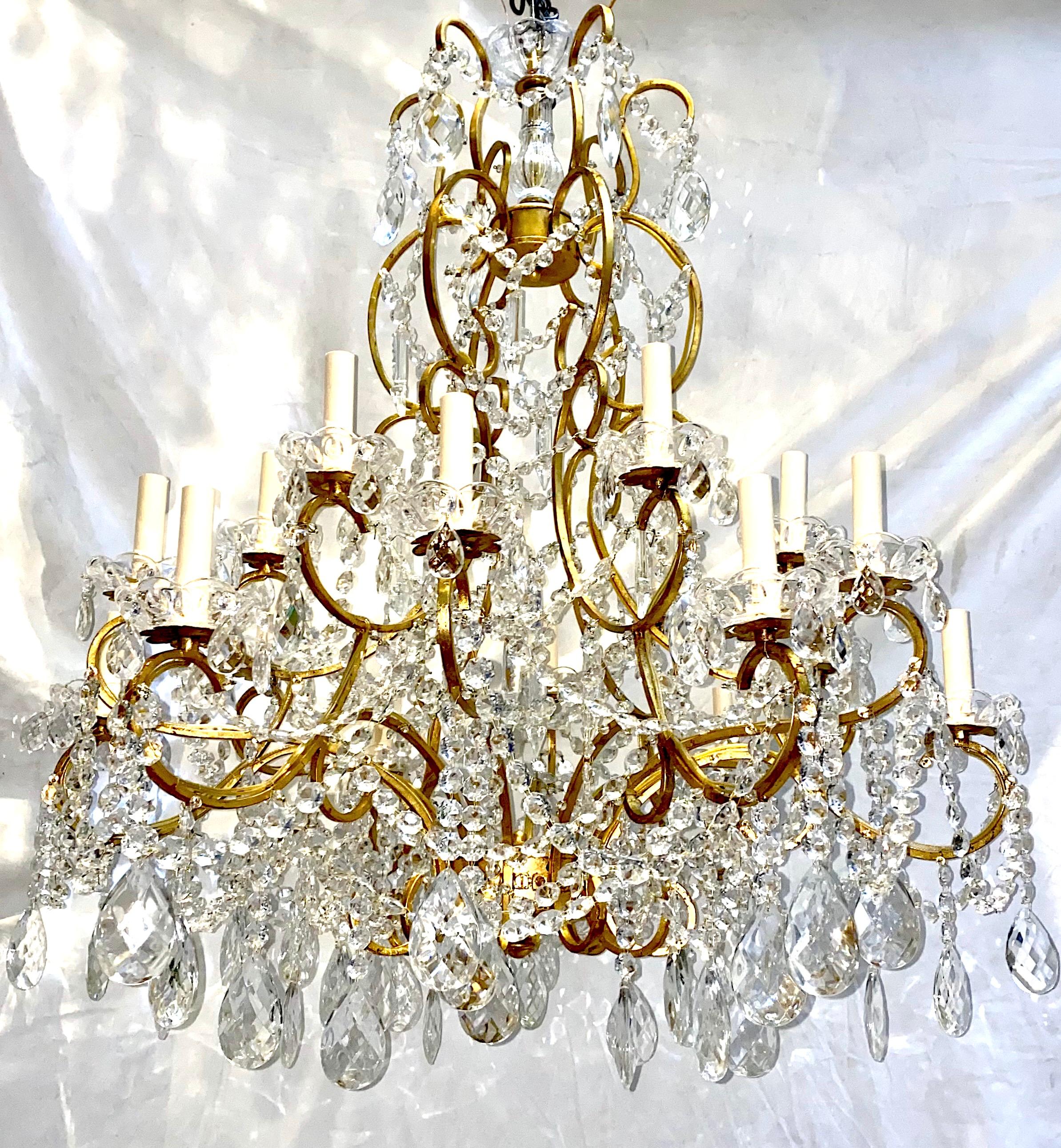 Pair of Large Gilt Metal and Crystals Chandeliers, Sold Individually In Good Condition For Sale In New York, NY