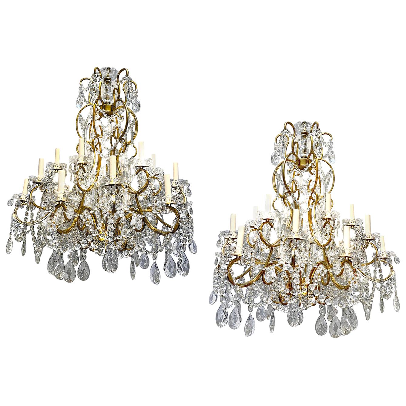 Pair of Large Gilt Metal and Crystals Chandeliers, Sold Individually For Sale