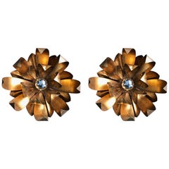 Pair of Large Gilt Metal Flower Wall Lights