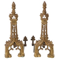 Pair of Large Gilt-Metal Gothic Revival Andirons