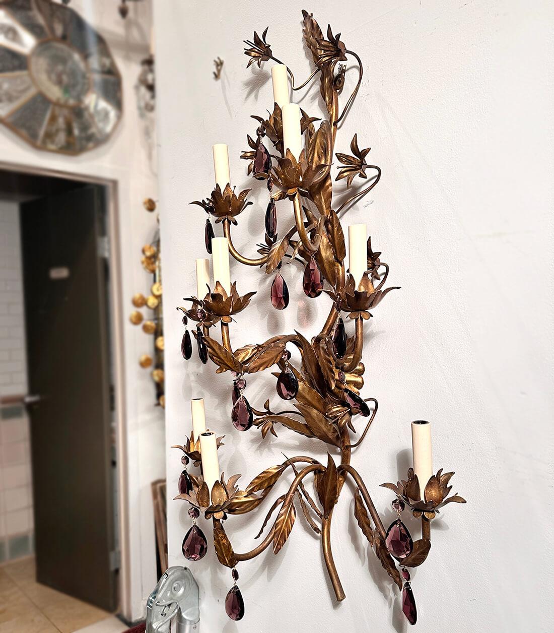 Mid-20th Century Pair of Large Gilt Metal Sconces with Amethyst drops For Sale