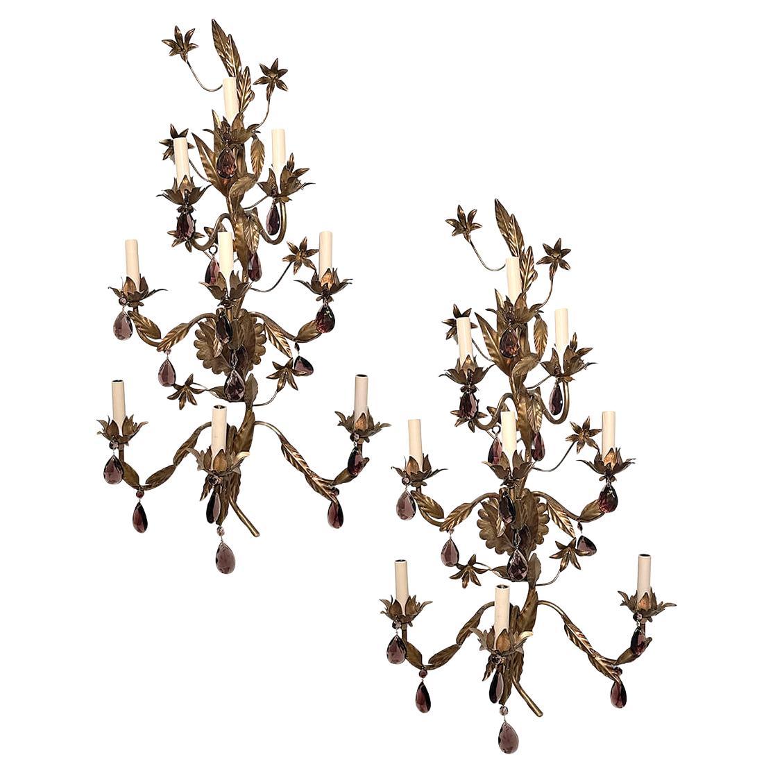 Pair of Large Gilt Metal Sconces with Amethyst drops For Sale
