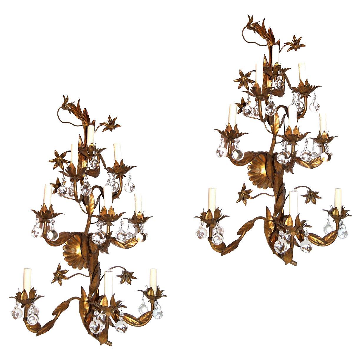 Pair of Large Gilt Metal Sconces with Glass Drops