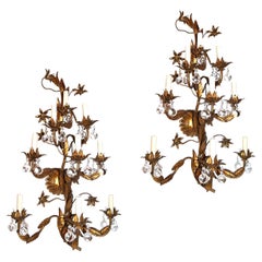 Pair of Large Gilt Metal Sconces with Glass Drops