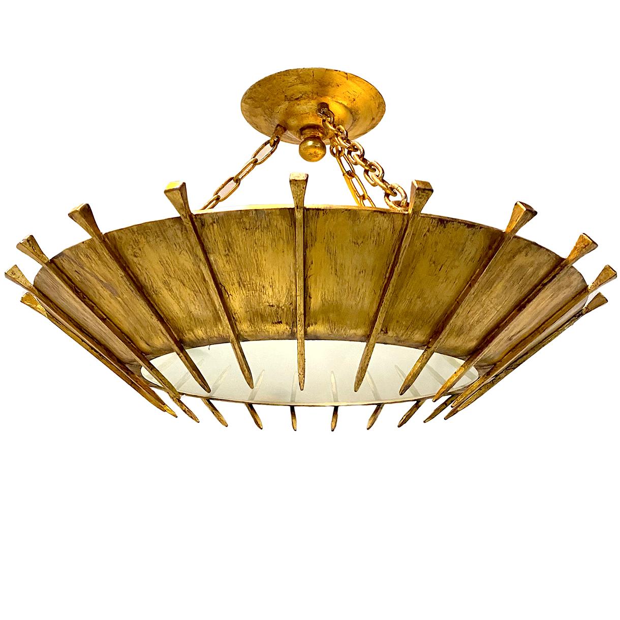 Frosted Pair of Large Gilt Metal Sunburst Fixtures, Sold Individually For Sale