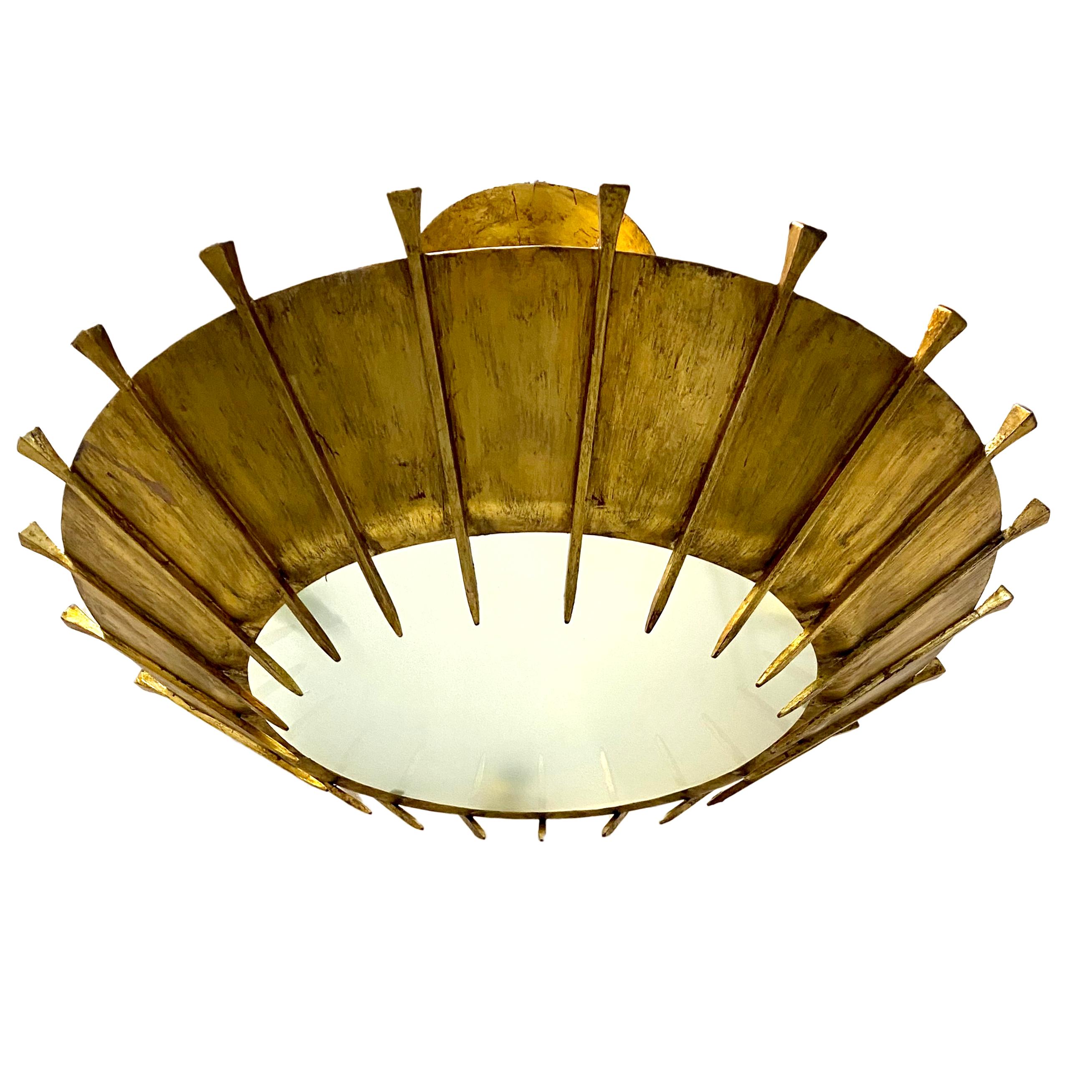 Mid-20th Century Pair of Large Gilt Metal Sunburst Fixtures, Sold Individually For Sale