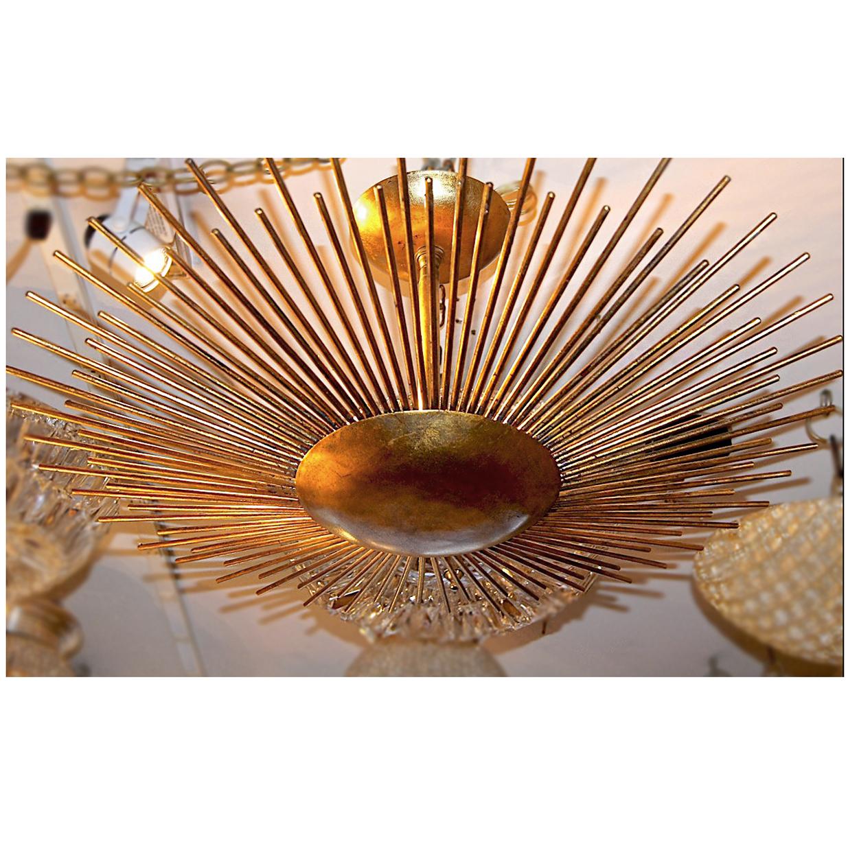 Pair of Large Gilt Metal Sunburst Light Fixtures, Sold Individually For Sale 4