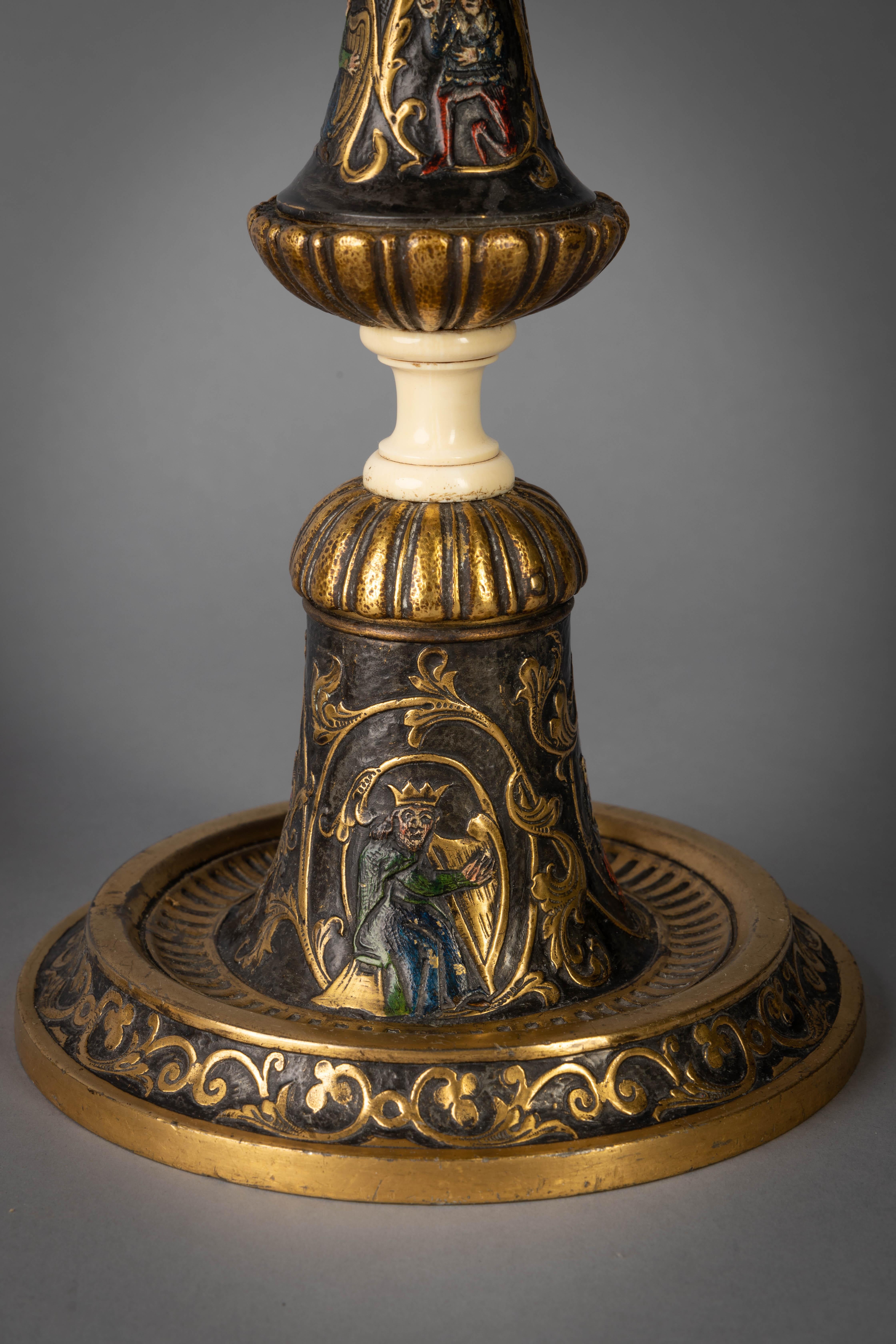 American Pair of Large Gilt, Patinated and Enameled Bronze Candlestick Lamps, circa 1900 For Sale