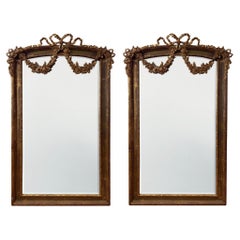 Antique Pair of Large Giltwood Mirrors With Carved Wood Scrolls and Flowers, Circa 1900
