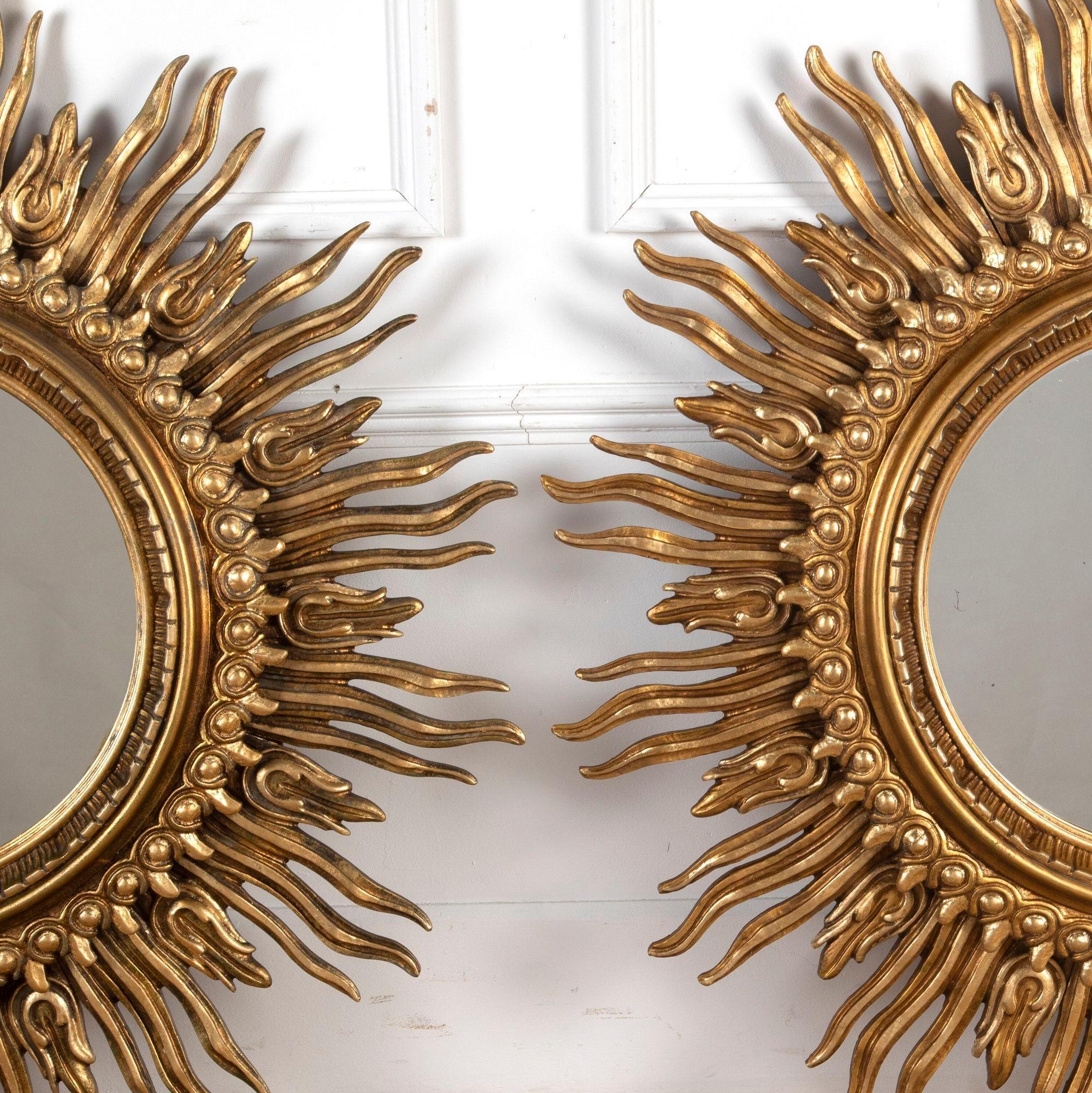 Spanish Pair of Large Giltwood Sun Mirrors by Francisco Hurtado