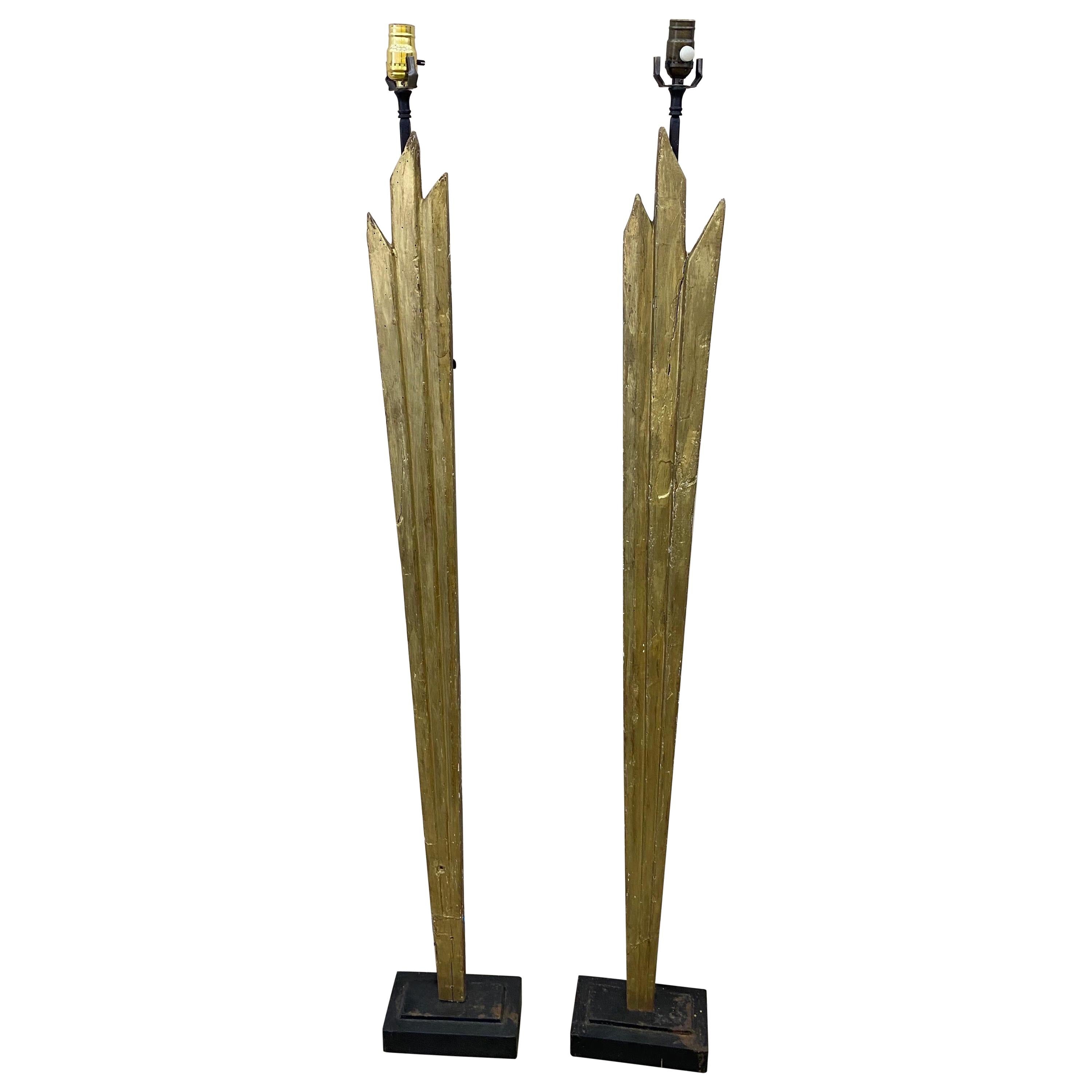 Pair of Large Giltwood Sunburst Ray Fragment Floor Lamps For Sale