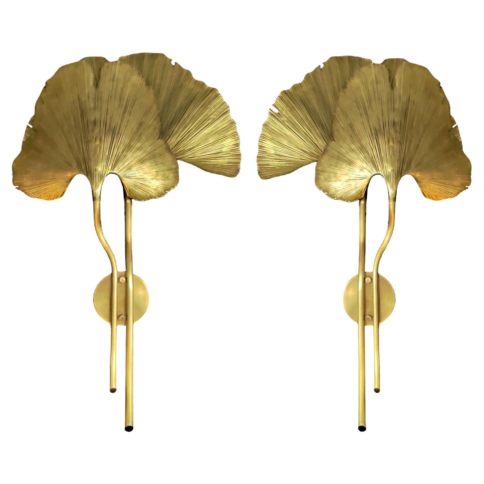 Pair of Large Ginkgo Leave Brass Wall Lights, Organic Shape, Tommaso Barbi Style