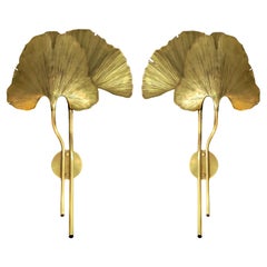 Pair of Large Ginkgo Leave Brass Wall Lights, Organic Shape, Tommaso Barbi Style
