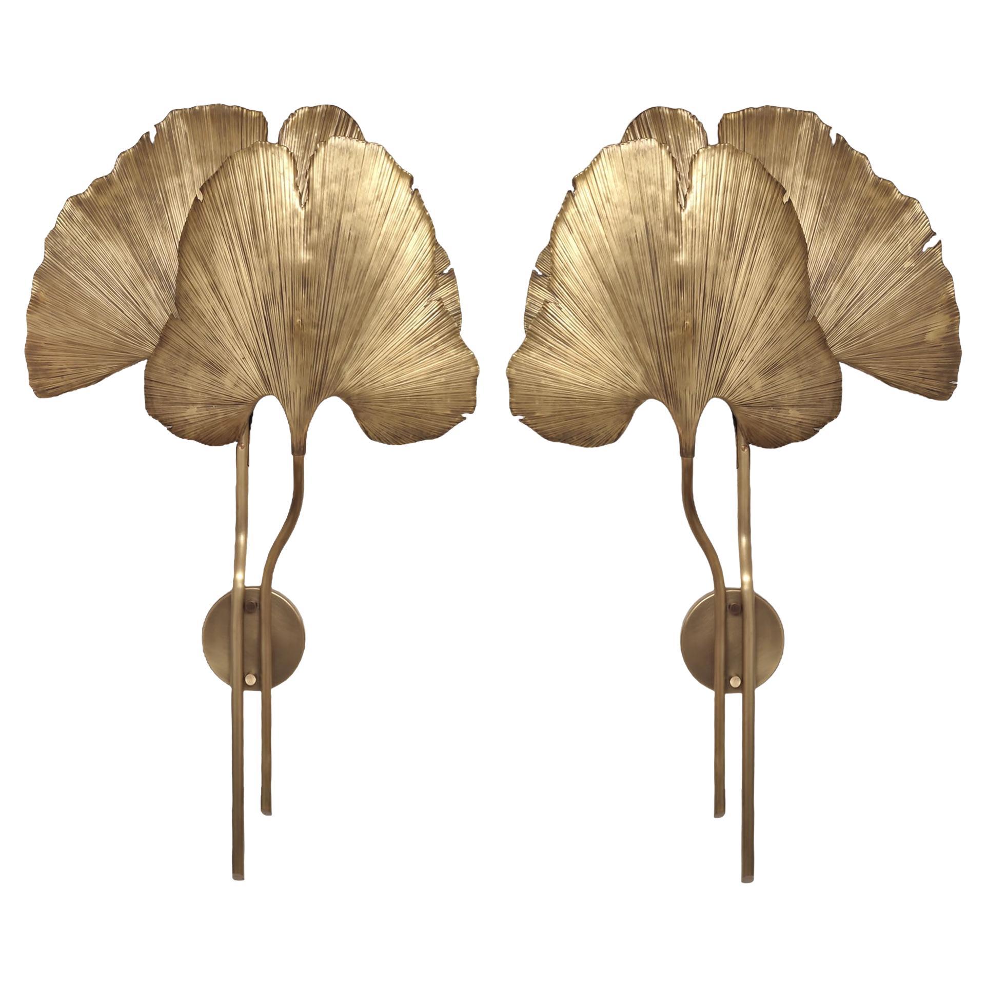 Paire de grandes appliques en laiton Ginkgo Leave, forme organique, style Tommaso Barbi
