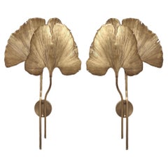 Pareja de apliques grandes de latón Ginkgo Leave, forma orgánica, estilo Tommaso Barbi