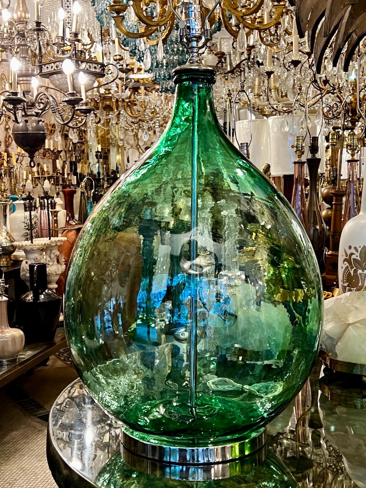 Blown Glass Pair of Large Glass Bottle Table Lamps For Sale