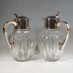 Pair Of Large Glass Carafes With Silver Mounts, Gebrüder Deyhle, Germany c. 1910
