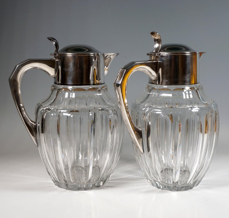 Hand-Crafted Pair Of Large Glass Carafes With Silver Mounts, Gebrüder Deyhle, Germany c. 1910 For Sale
