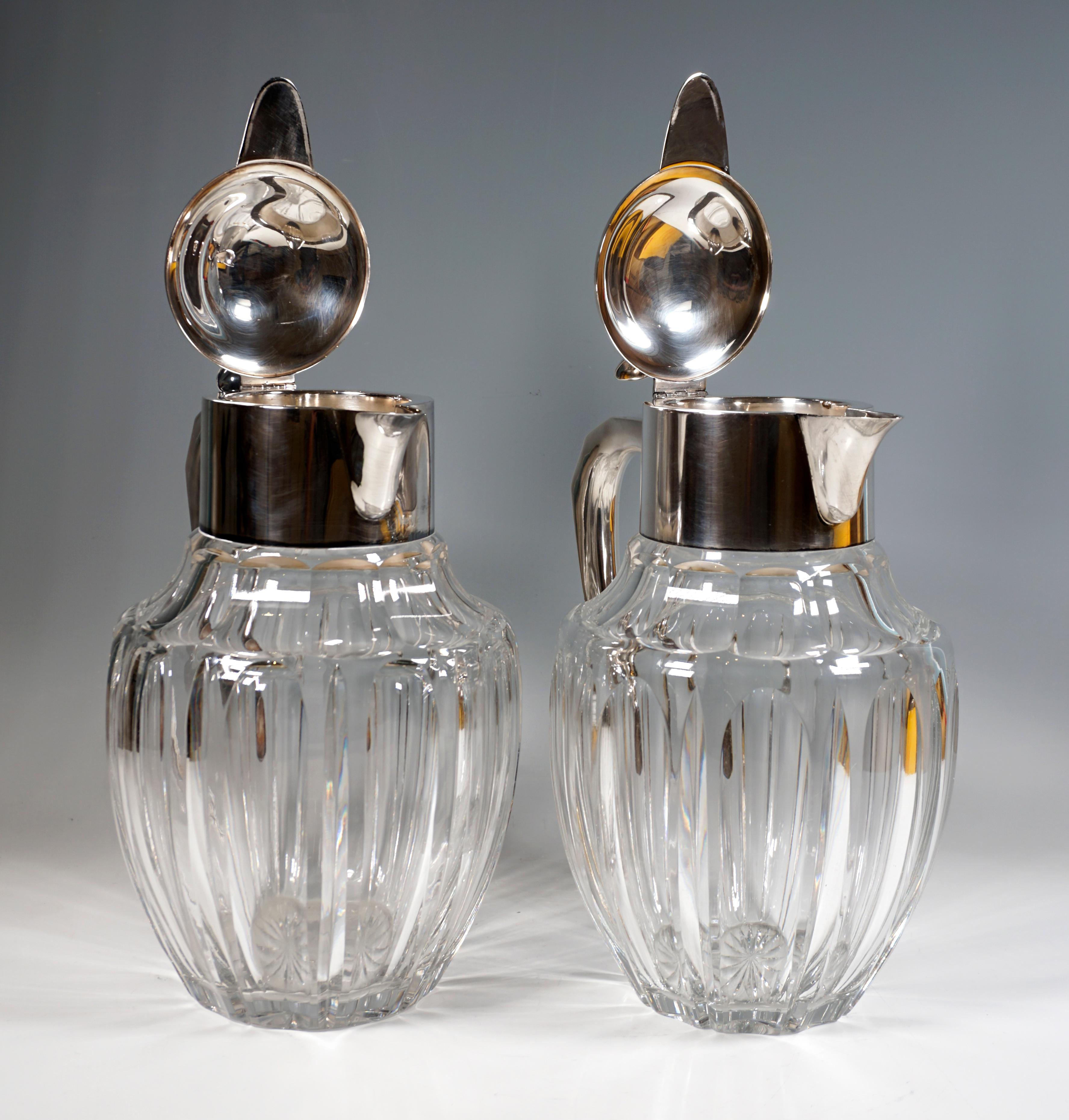 Faceted Pair Of Large Glass Carafes With Silver Mounts, Gebrüder Deyhle, Germany c. 1910 For Sale