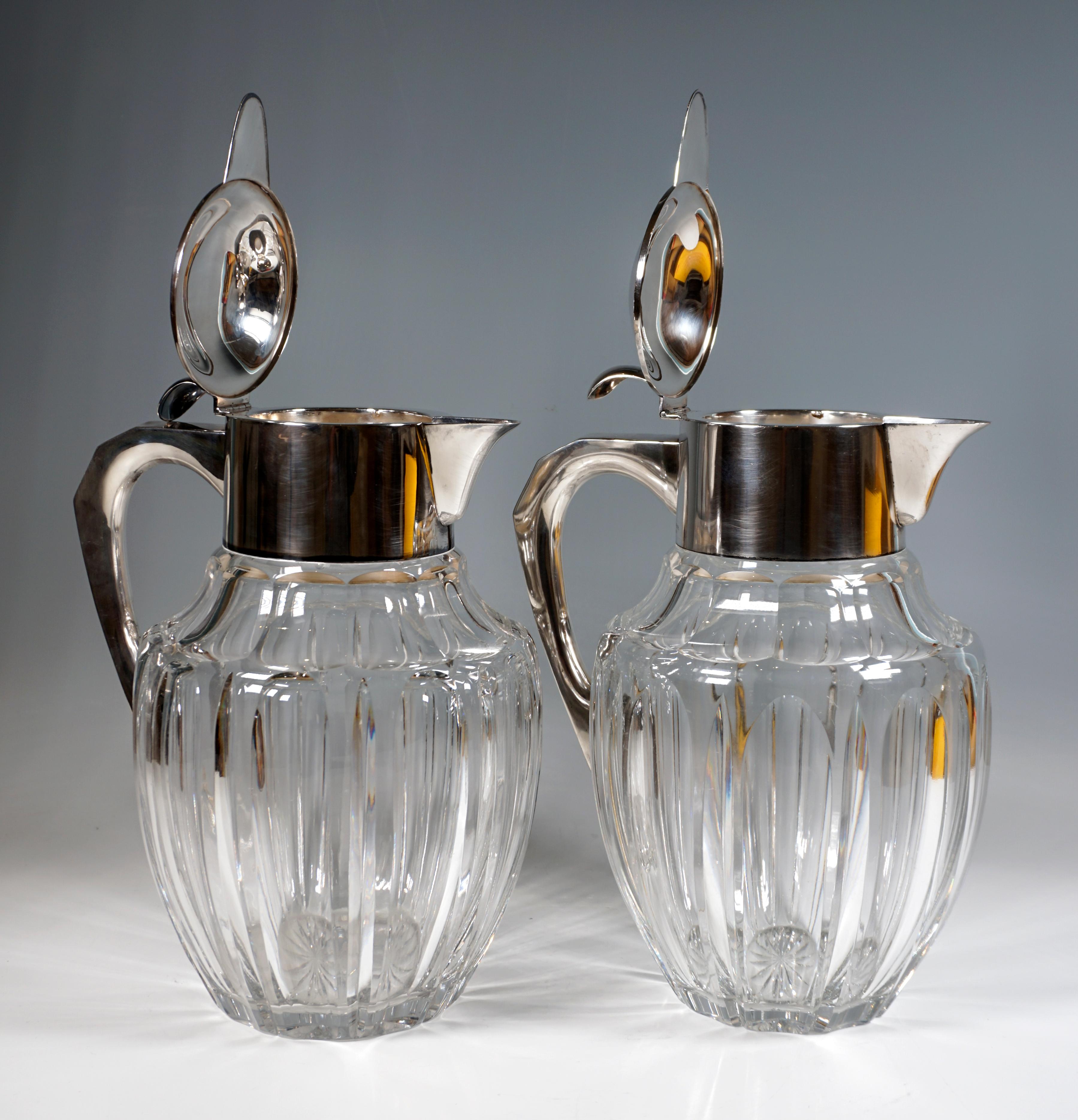 Pair Of Large Glass Carafes With Silver Mounts, Gebrüder Deyhle, Germany c. 1910 In Good Condition For Sale In Vienna, AT