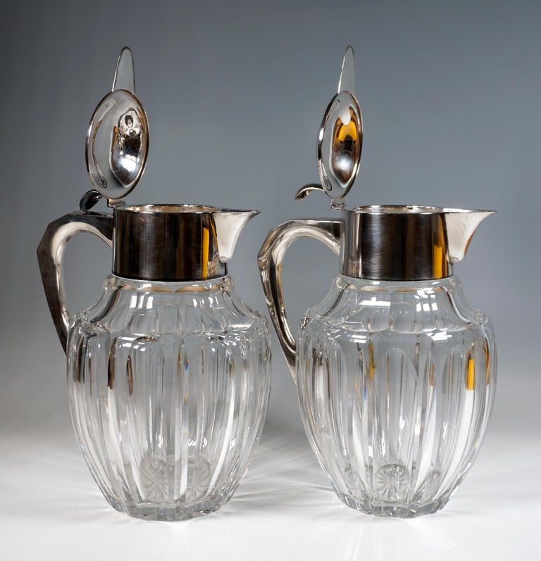 Early 20th Century Pair Of Large Glass Carafes With Silver Mounts, Gebrüder Deyhle, Germany c. 1910 For Sale