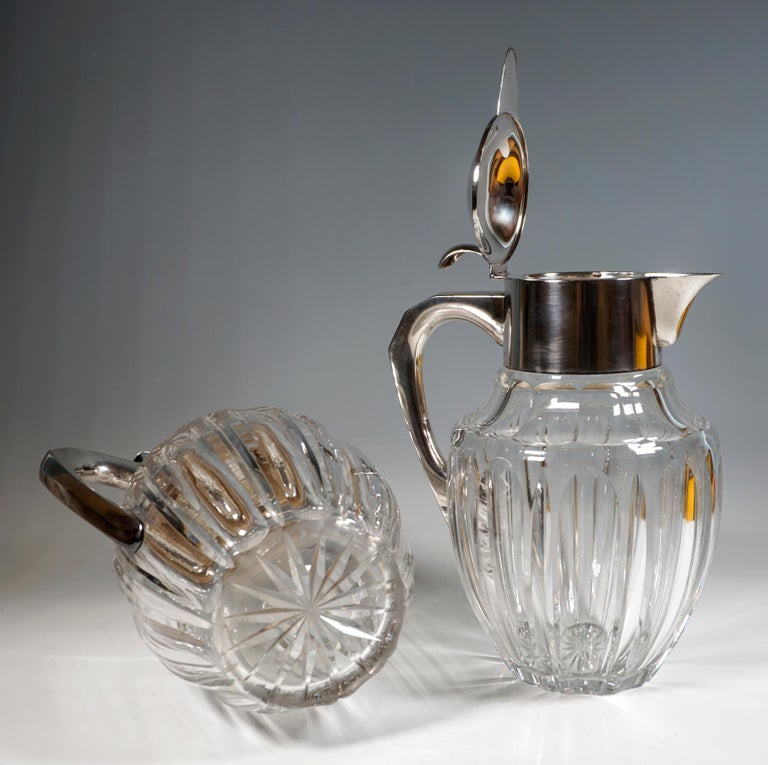 Pair Of Large Glass Carafes With Silver Mounts, Gebrüder Deyhle, Germany c. 1910 For Sale 1