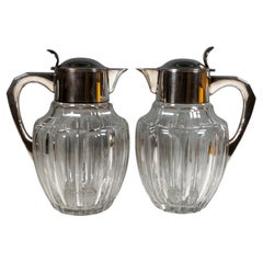 Pair Of Large Glass Carafes With Silver Mounts, Gebrüder Deyhle, Germany c. 1910