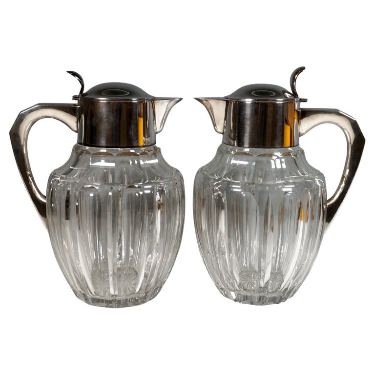 Pair Of Large Glass Carafes With Silver Mounts, Gebrüder Deyhle, Germany c. 1910 For Sale