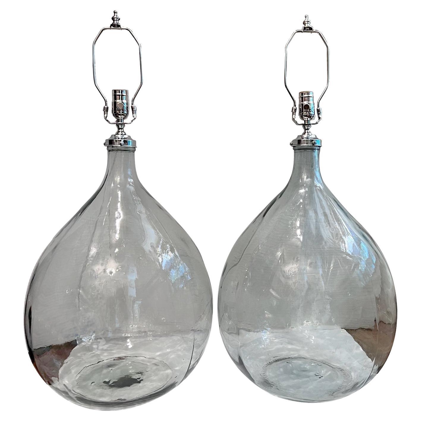 Pair of Large Glass Lamps For Sale