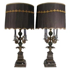 Pair of Large Glass & Metal Lamps on Marble Bases